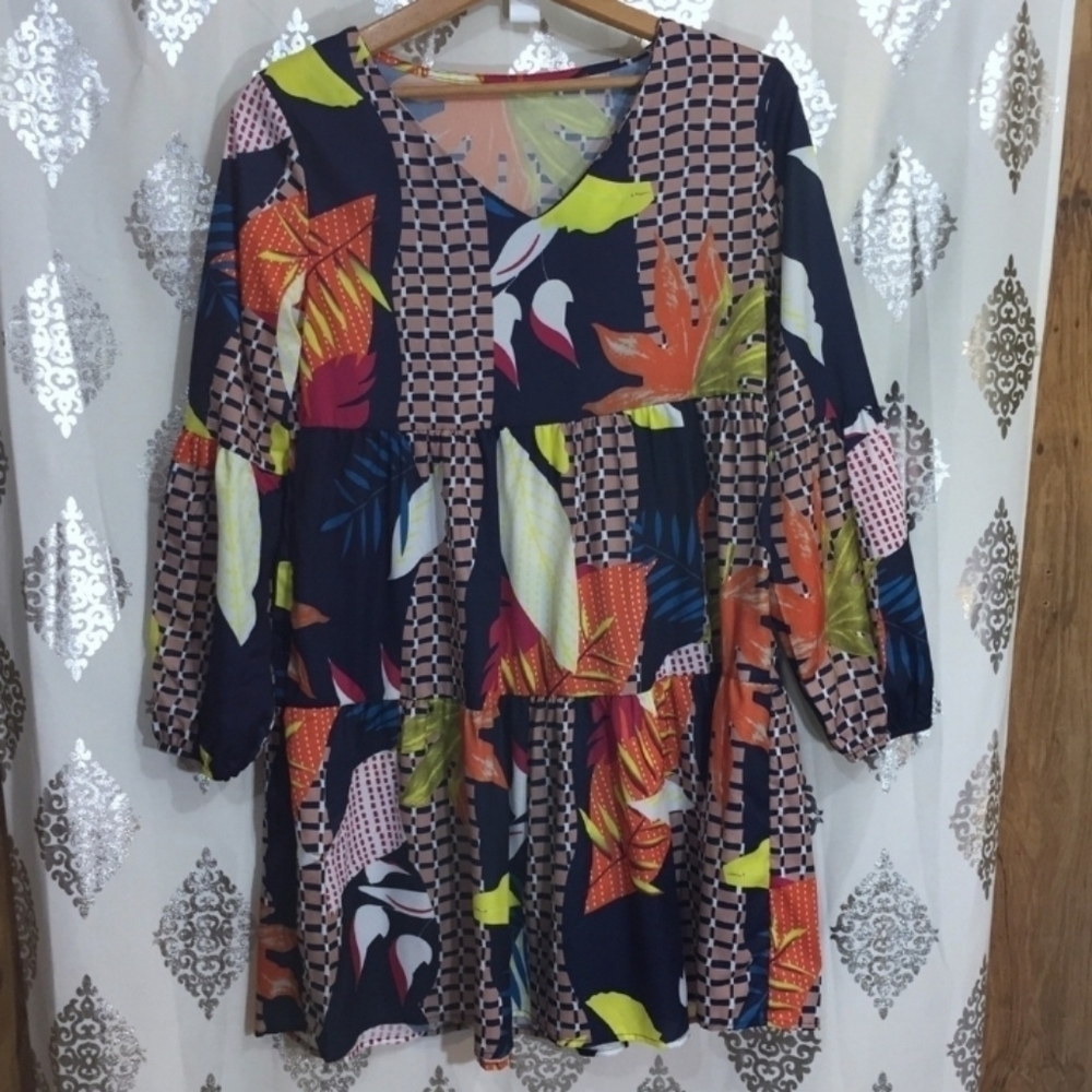 Boho Tropical Print Tiered Babydoll Dress